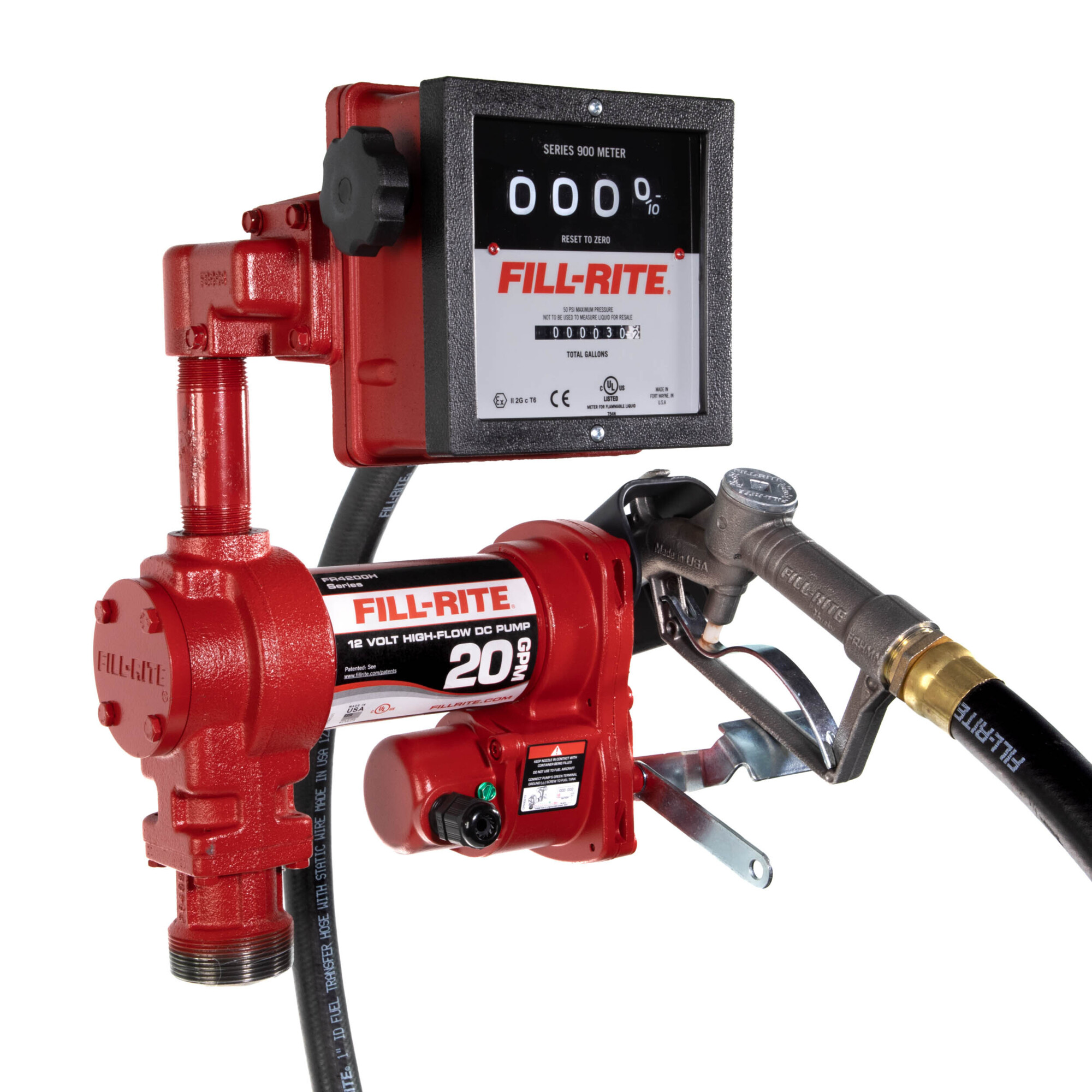 Fill-Rite 12V DC Fuel Transfer Pump Kit w/ 901C Mechanical Meter, 20 GPM, 1in. Manual Nozzle, 1in. x 12ft. Hose, Model# FR4211H